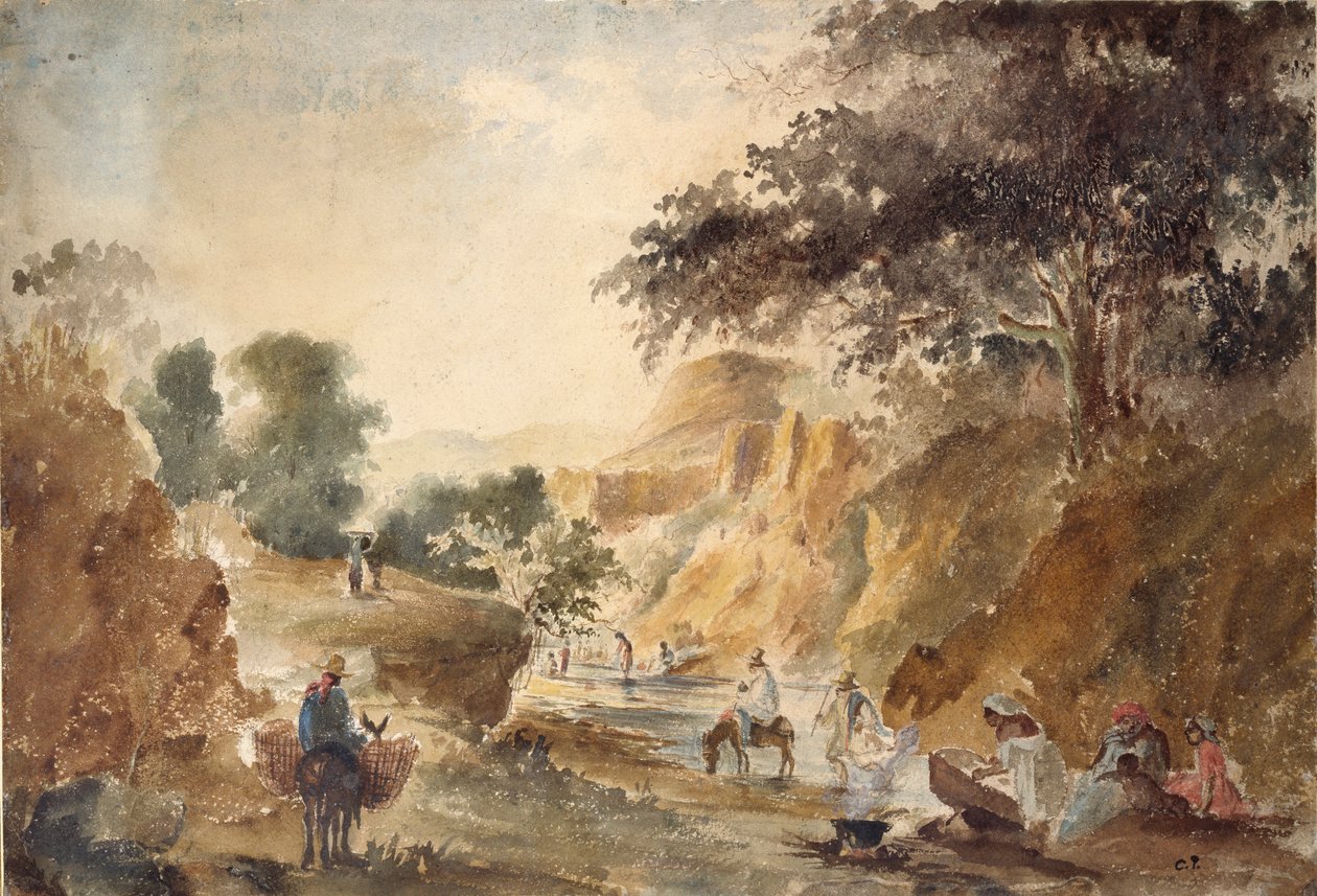 河边的风景与人物，1853-1854年 作者 卡米尔·毕沙罗