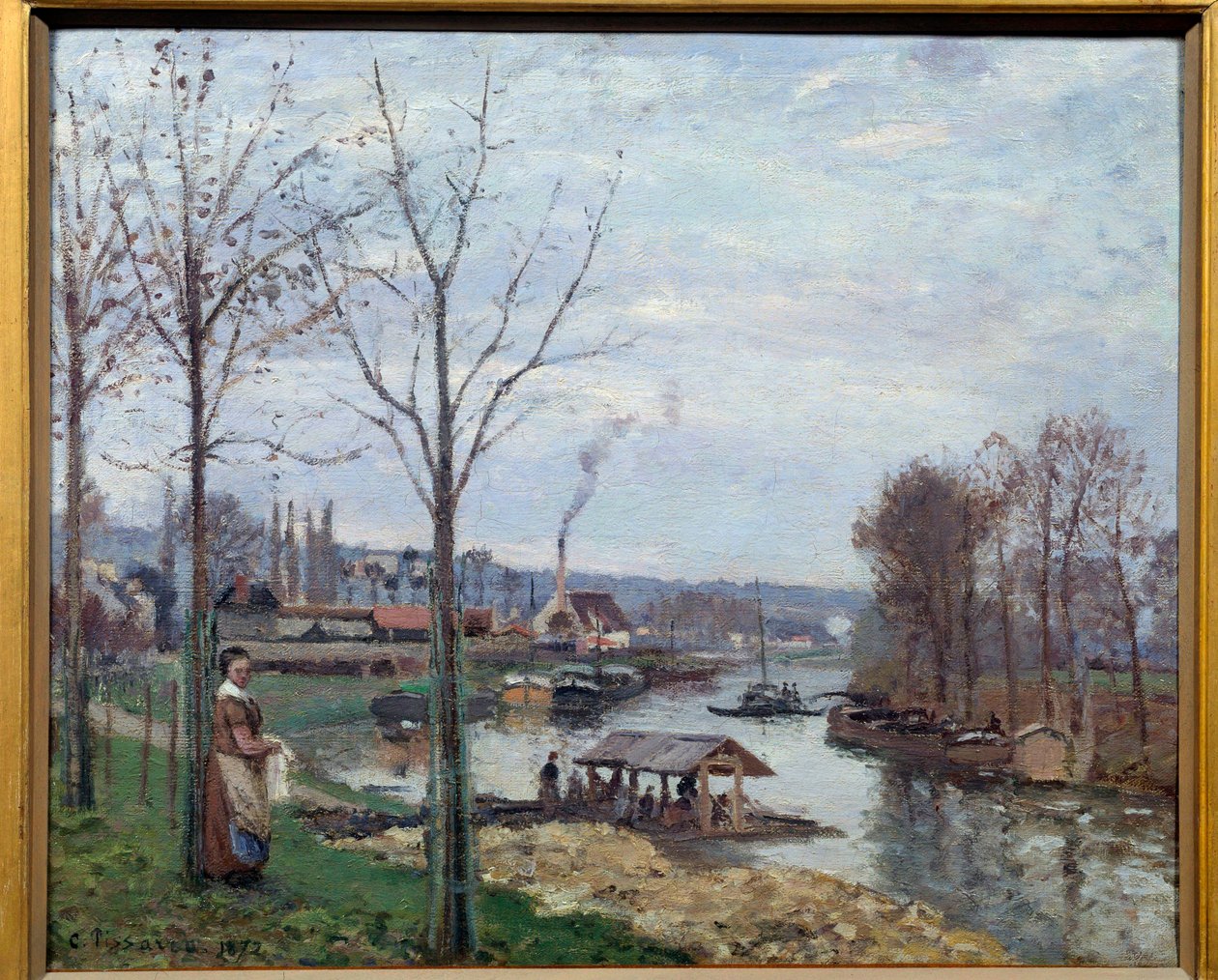 马利港 (Port-Marly)，洗衣房 塞纳河上的一间洗衣房。 卡米尔·毕沙罗 (Camille Pissarro) (1830-1903) 的画作，1872 年 0,46x0,56 m 巴黎，奥赛博物馆 作者 卡米尔·雅各布·毕沙罗