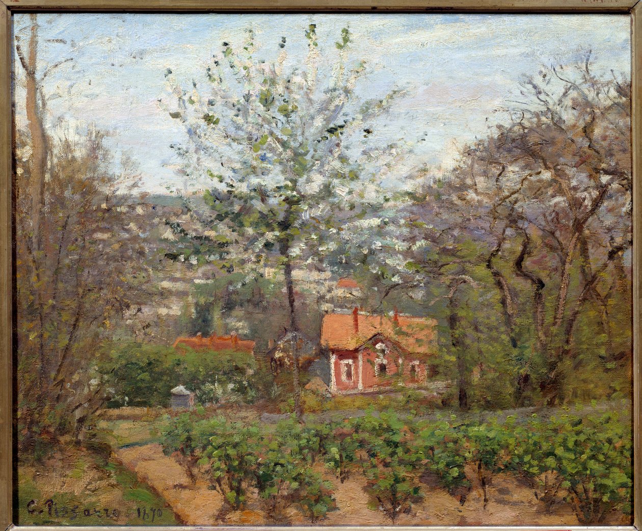 小屋，粉红色的房子； 飞翔的心之村落。 卡米尔·毕沙罗 (Camille Pissarro) 的绘画 (1830-1903) 作者 卡米尔·雅各布·毕沙罗