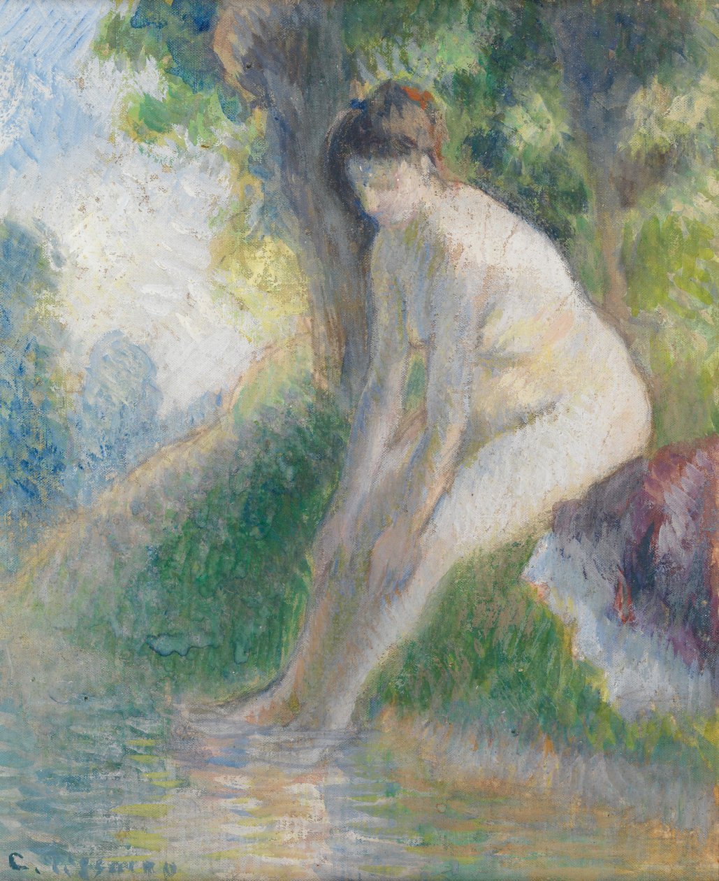 坐在溪边的女人，c.1895（船上水粉画） 作者 卡米尔·毕沙罗