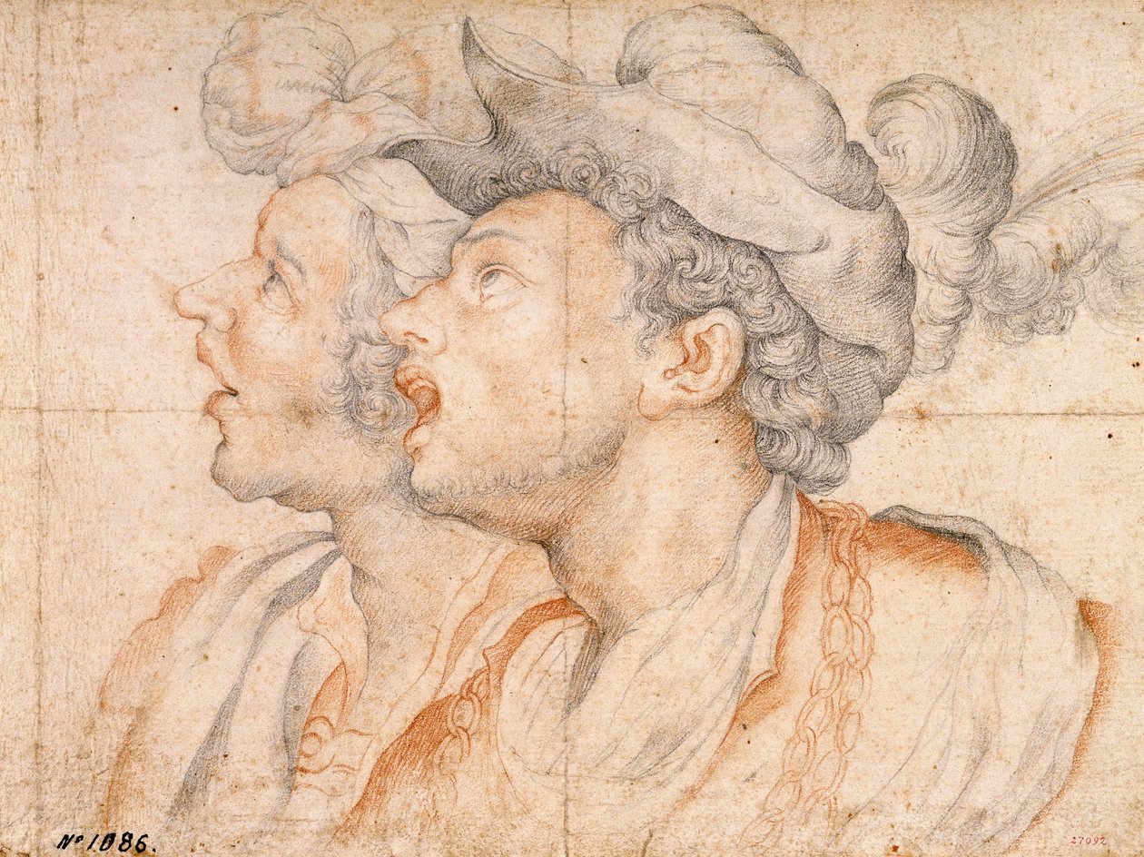 两个年轻人的头像，血色和粉笔纸本，卡米洛·普罗卡西尼 (Camillo Procaccini)，约 1590 年 - 巴塞罗那加泰罗尼亚国家艺术博物馆 作者 卡米洛·普罗卡西尼（Camillo Procaccini）