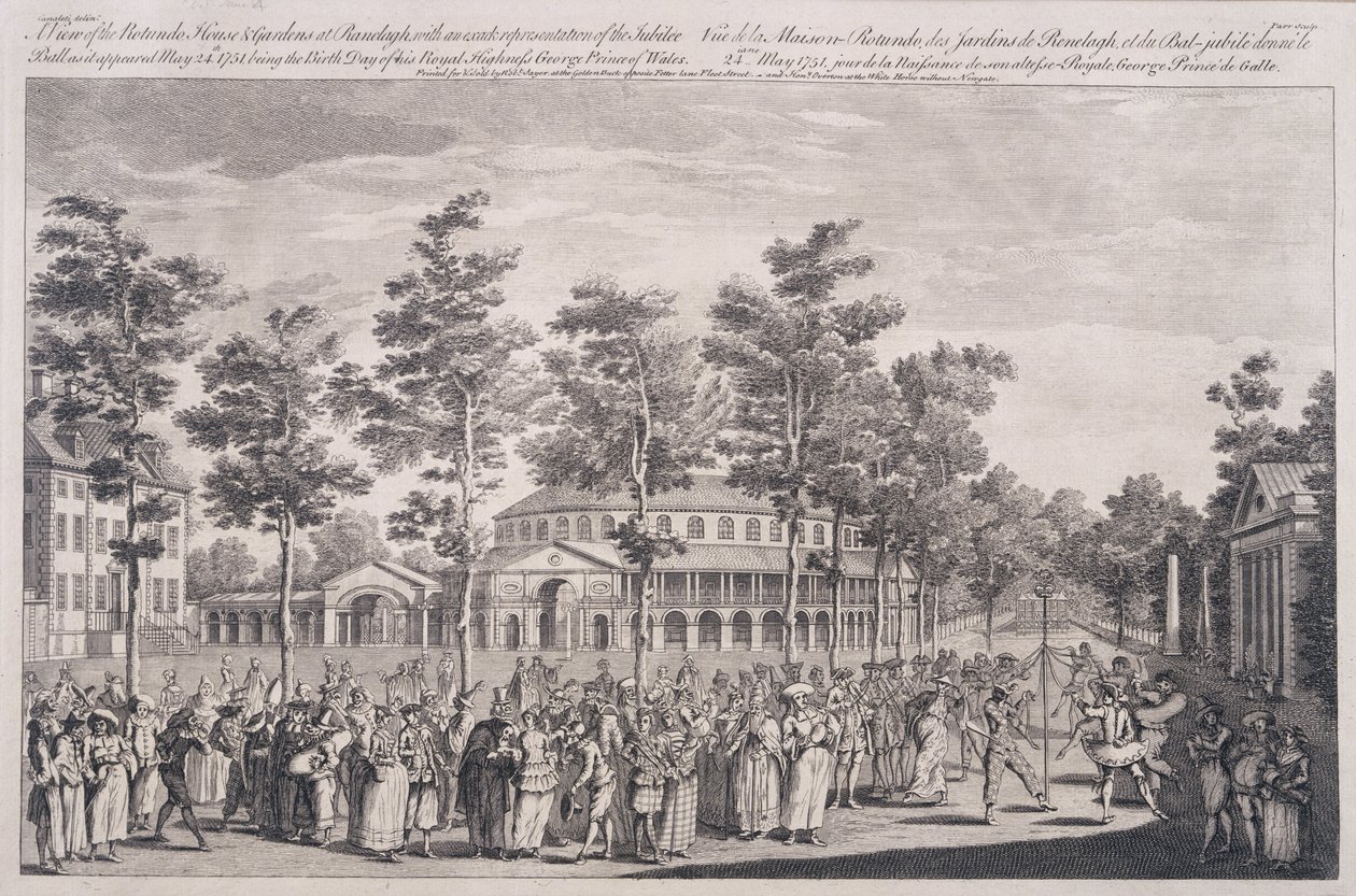 圆形大厅的视图，Ranelagh House，在庆祝威尔士亲王的生日，1751年5月24日，由帕尔雕刻 作者 卡纳莱蒂