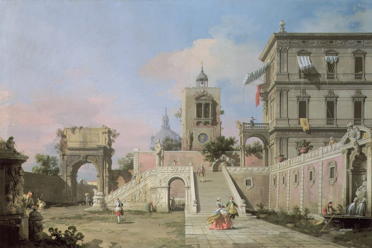 导致一个宫殿的步骤的双重飞行Capriccio，c.1750 作者 乔瓦尼·安东尼奥运河（Canaletto）
