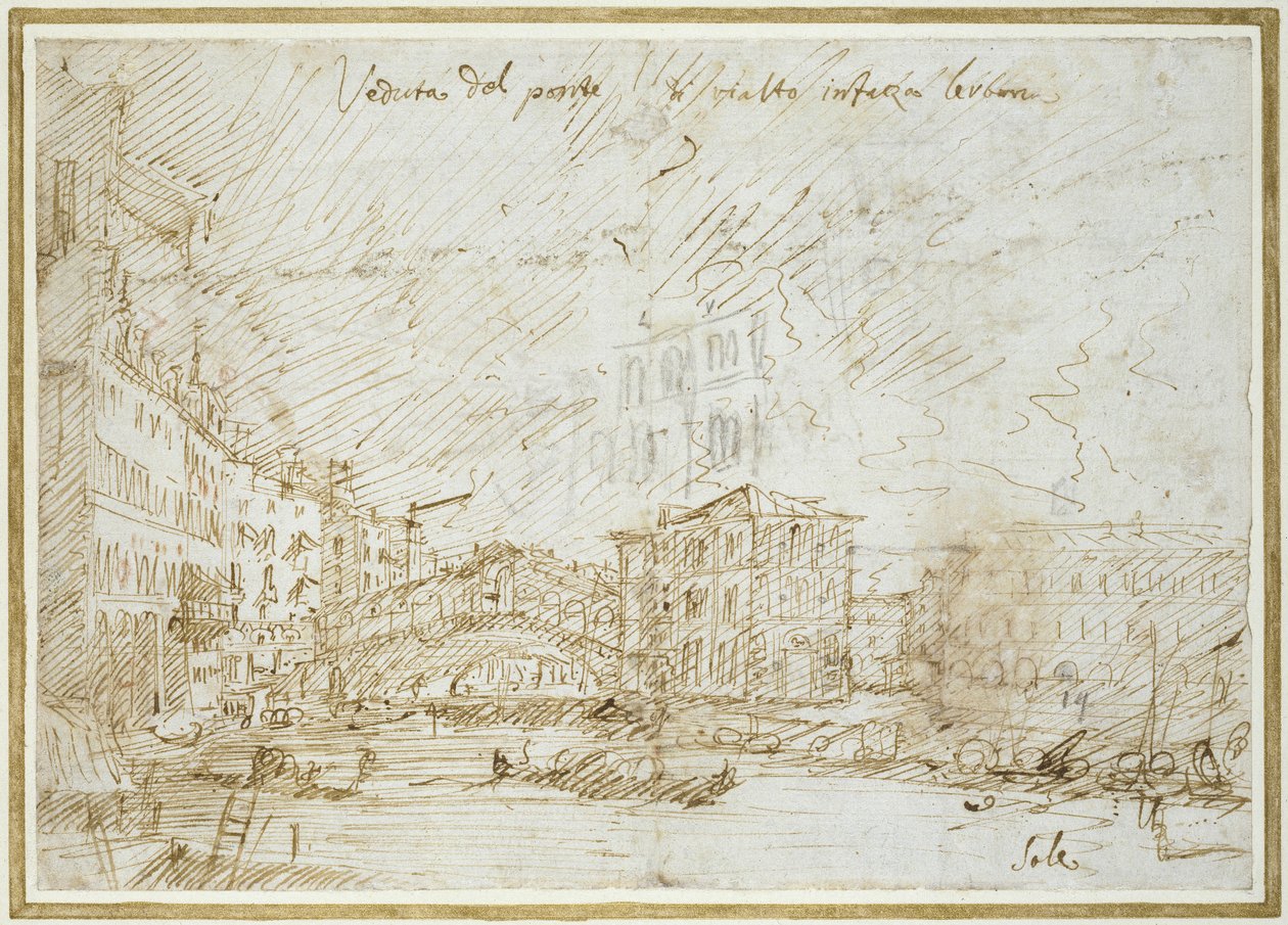 Ponte de Rialto（笔和纸上的棕色墨水） 作者 乔瓦尼·安东尼奥运河（Canaletto）