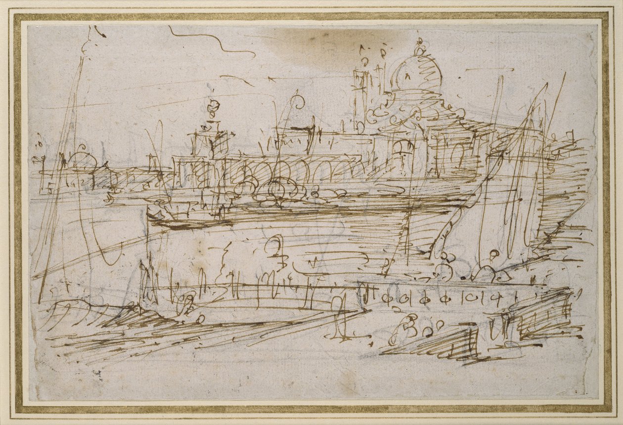 威尼斯：来自Molo di Terranova的Dogana和S. Maria della Salute（笔和棕色墨水在黑色粉笔上） 作者 乔瓦尼·安东尼奥运河（Canaletto）