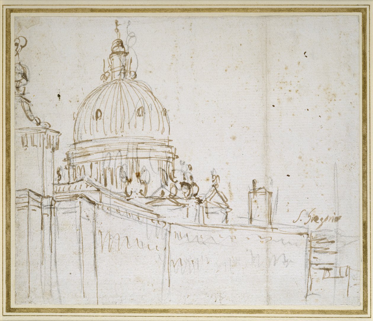 威尼斯：Dogana di Mare和S. Maria della Salute（笔和棕色墨水在黑色粉笔上） 作者 乔瓦尼·安东尼奥运河（Canaletto）