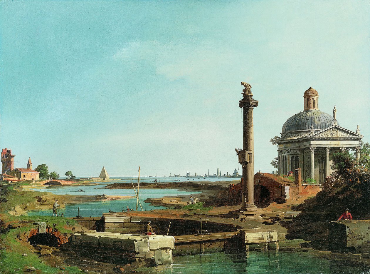 锁，圆柱和泻湖旁的教堂。 作者 乔瓦尼·安东尼奥运河（Canaletto）
