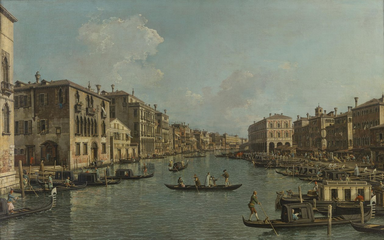德语: Der Canal Grande mit Blick in südöstlicher Richtung auf die Rialtobrücke 大运河东南方向的里亚托桥景观 作者 卡纳莱托