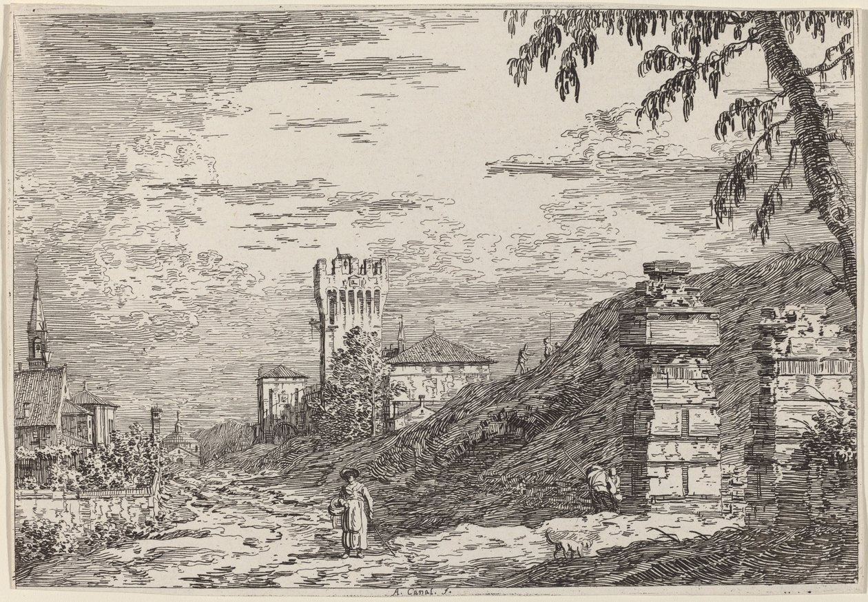 有塔和两根废旧柱子的风景，约1735-1746。 作者 卡纳莱托