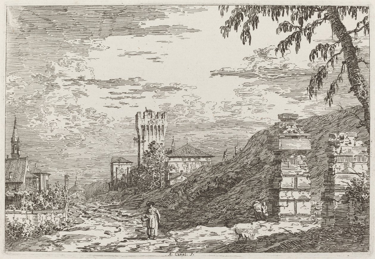 有塔和两根废旧柱子的风景[左]，约1735-1746。 作者 卡纳莱托