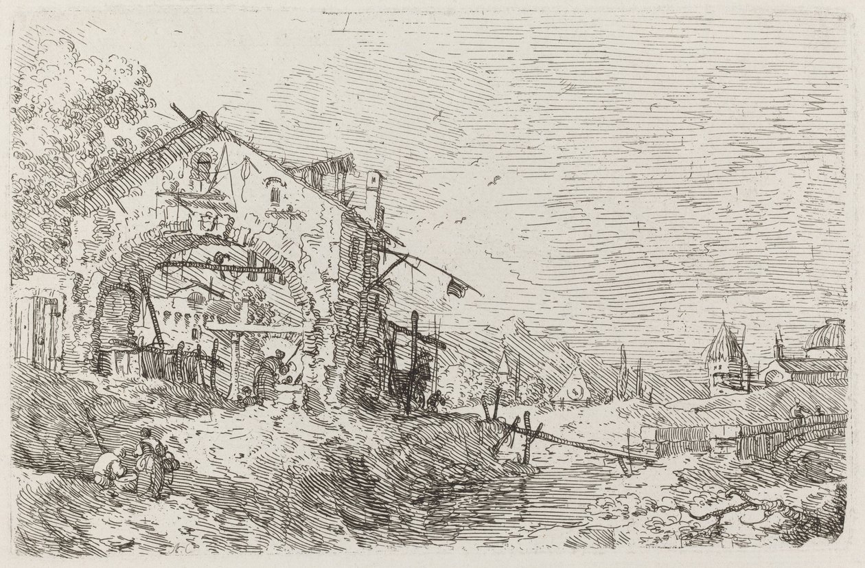 井边女人的风景[左下]，约1735-1746。 作者 卡纳莱托