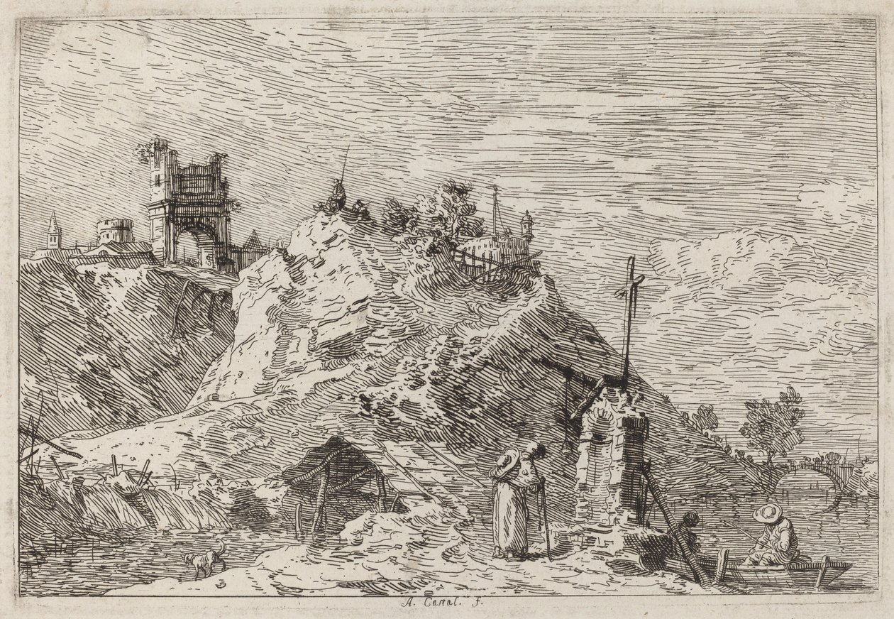 祈祷中的朝圣者的风景，约1735-1746。 作者 卡纳莱托