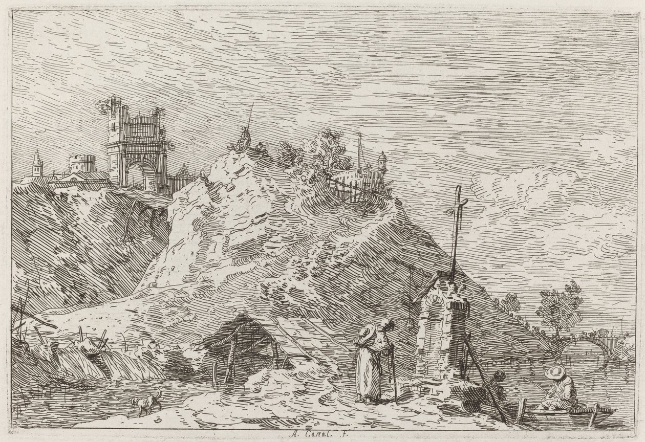 有朝圣者在祈祷的风景[左上]，约1735-1746。 作者 卡纳莱托