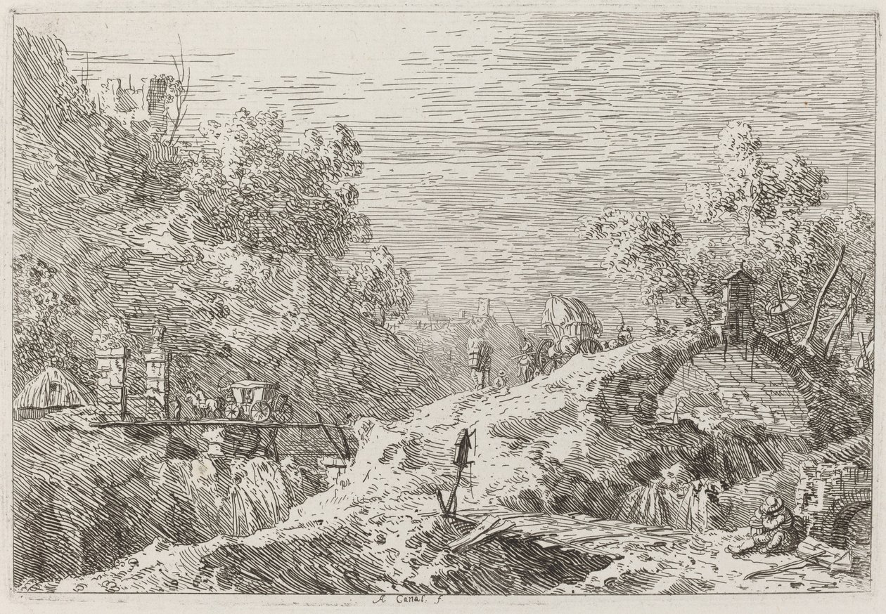 有五座桥的山地风景[右下]，约1735-1746。 作者 卡纳莱托