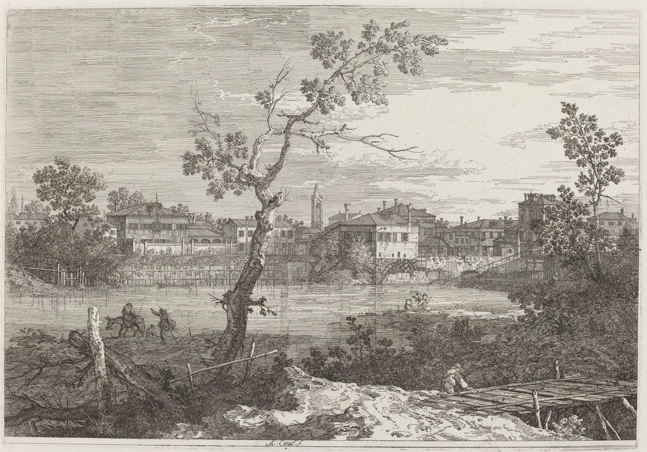 河岸上的城镇景观，约1735-1746。 作者 卡纳莱托