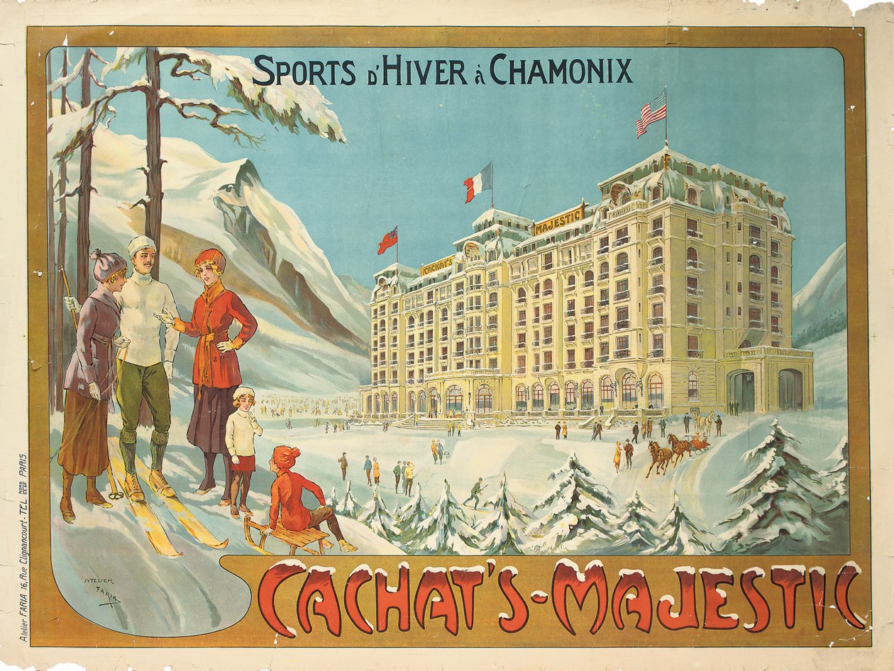 1910年左右在夏慕尼宣传“ Cachat&39;s Majestic”酒店和冬季运动的海报 作者 Candido Aragonez de Faria