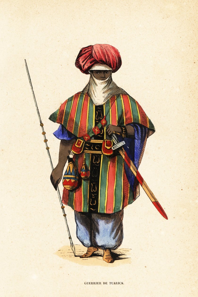 尼日尔阿加德兹的高贵图阿雷格战士，身着 tagelmust（头巾和面纱）、taktkat（衬衫）和 akarbey（裤子） 作者 里昂上尉乔治·弗朗西斯（George Francis）