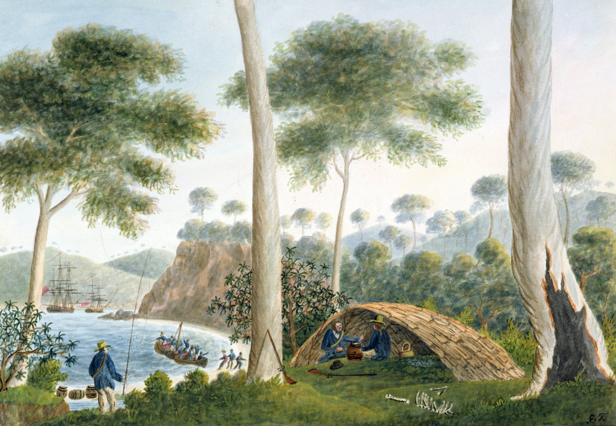冒险湾的原住民小屋（或Wigwam），Van Diemans Land，1792 作者 乔治·托宾船长