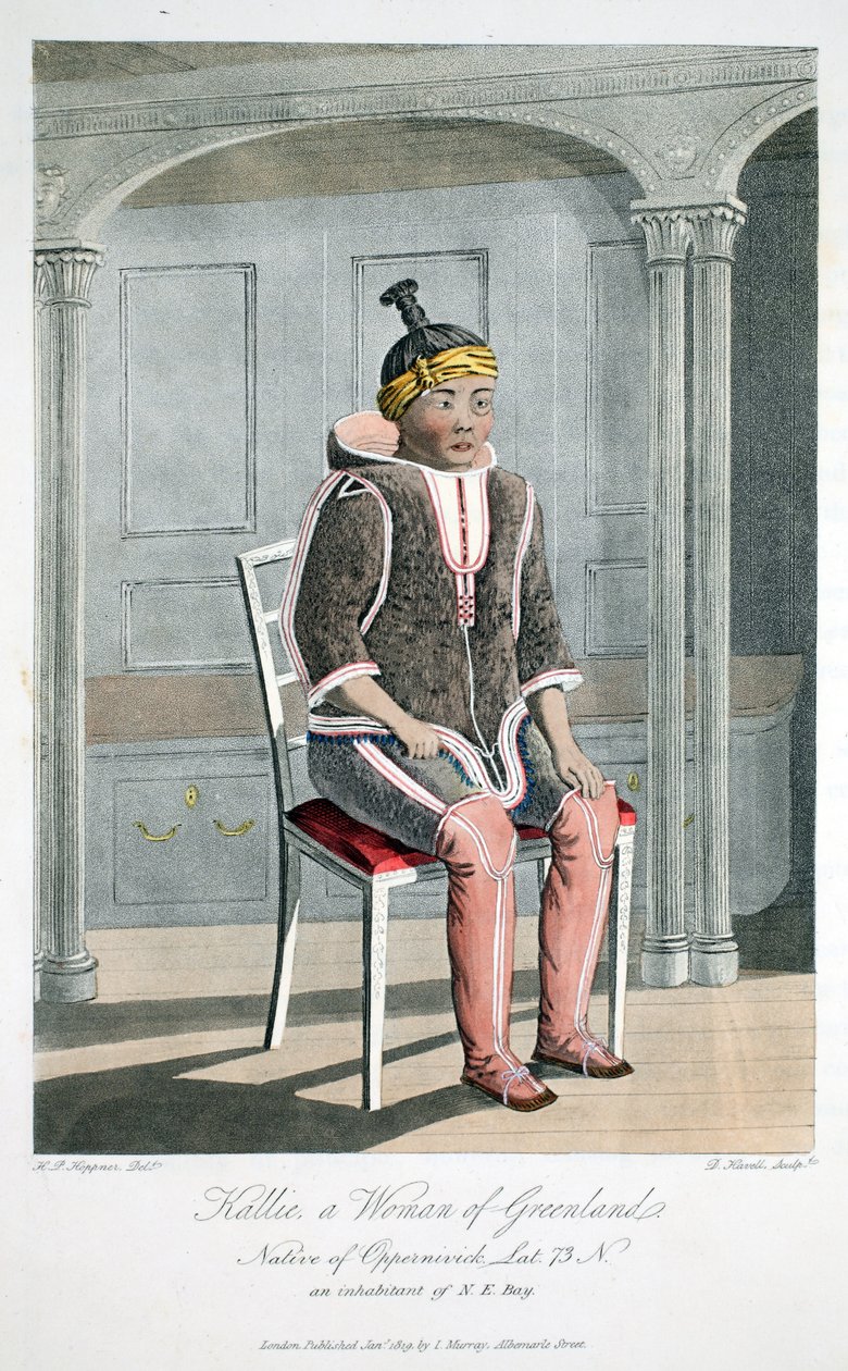 Kallie，格陵兰岛的女人，Oppernivick的土着人，来自&39;发现之旅......&39;的插图，1819年（手工彩色雕刻） 作者 霍普纳船长