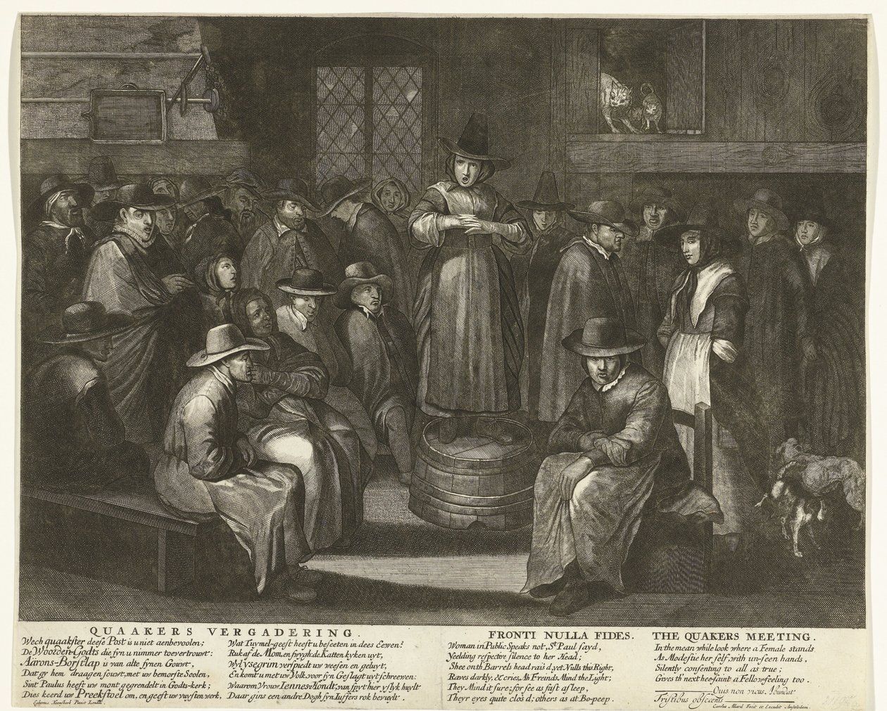 关于英国贵格会的漫画，约 1656 年
贵格会会议 / Fronti Nulla Fides / 贵格会会议（物品上的标题） 作者 卡雷尔·阿拉德