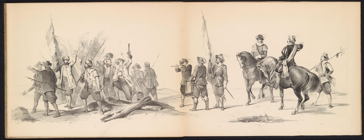 莱顿学生的化妆舞会，1850 年（图版 12）
1629 年弗雷德里克-亨德里克在赫托亨博斯的室内化妆舞会：1850 年 6 月 11 日莱顿学院 H.H. 学生的化装表演（实物上的系列标题） 作者 卡雷尔·克里斯蒂安·安东尼·拉斯特