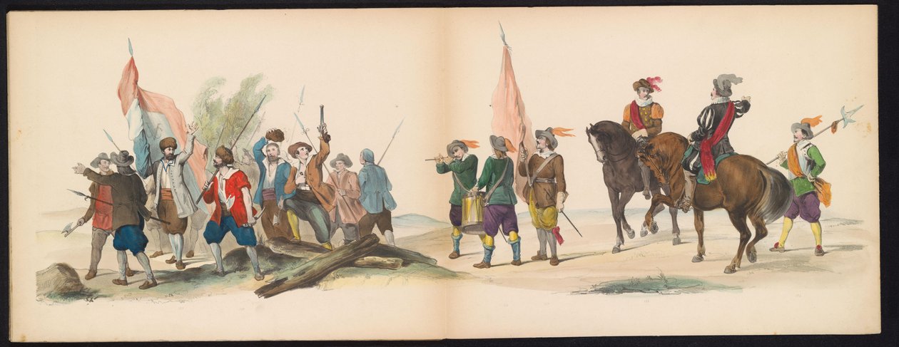 莱顿学生的化妆舞会，1850 年（图版 12）
1629 年弗雷德里克-亨德里克在赫托亨博斯的室内化妆舞会：1850 年 6 月 11 日莱顿学院 H.H. 学生的化装表演（实物上的系列标题） 作者 卡雷尔·克里斯蒂安·安东尼·拉斯特