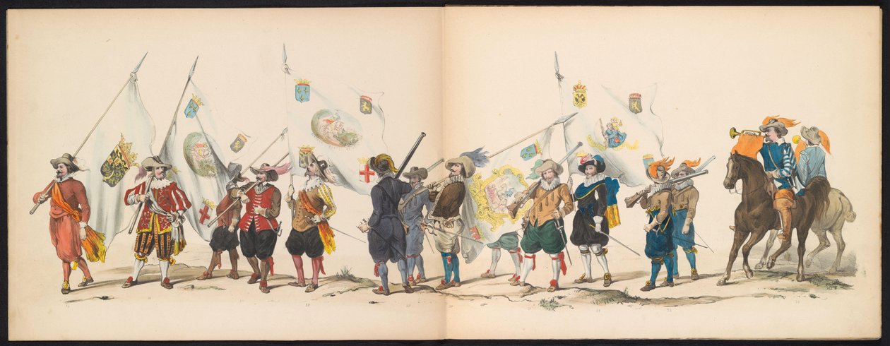 莱顿学生的化妆舞会，1850 年（图版 3）
1629 年弗雷德里克-亨德利克在赫托亨博斯的室内化妆舞会：1850 年 6 月 11 日莱顿学院 H.H. 学生的化装表演（实物上的系列标题） 作者 卡雷尔·克里斯蒂安·安东尼·拉斯特