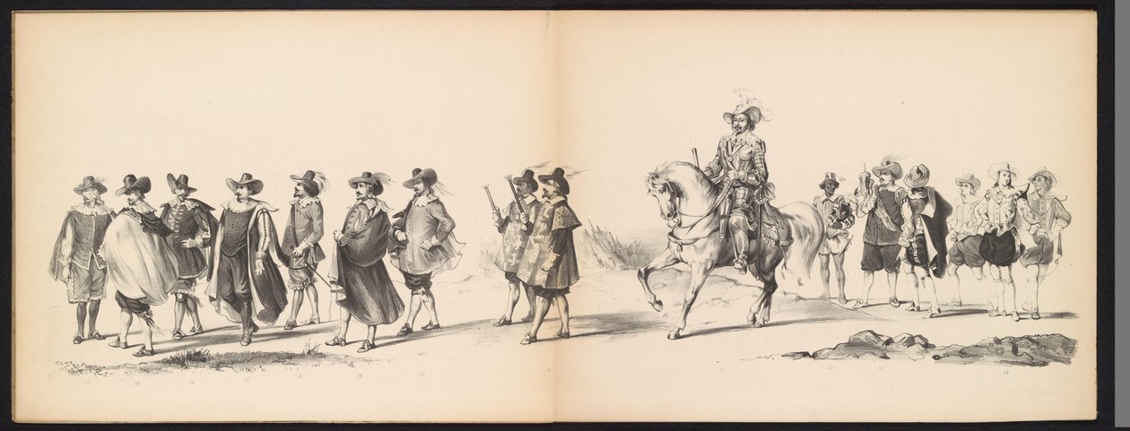 莱顿学生的化妆舞会，1850 年（图版 6）
1629 年弗雷德里克-亨德里克在赫托亨博斯的室内化妆舞会：1850 年 6 月 11 日莱顿学院 H.H. 学生的化装表演（实物上的系列标题） 作者 卡雷尔·克里斯蒂安·安东尼·拉斯特