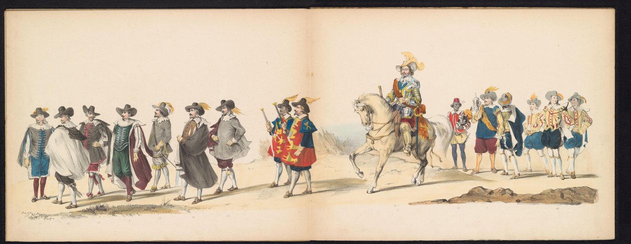 莱顿学生的化妆舞会，1850 年（图版 6）
1629 年弗雷德里克-亨德里克在赫托亨博斯的室内化妆舞会：1850 年 6 月 11 日莱顿学院 H.H. 学生的化装表演（实物上的系列标题） 作者 卡雷尔·克里斯蒂安·安东尼·拉斯特