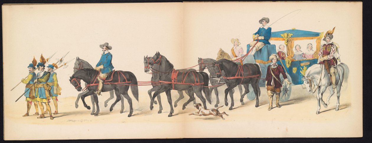 莱顿学生的化妆舞会，1850 年（图版 8）
1629 年弗雷德里克-亨德利克在赫托亨博斯的室内化妆舞会：1850 年 6 月 11 日莱顿学院 H.H. 学生的化装表演（实物上的系列标题） 作者 卡雷尔·克里斯蒂安·安东尼·拉斯特
