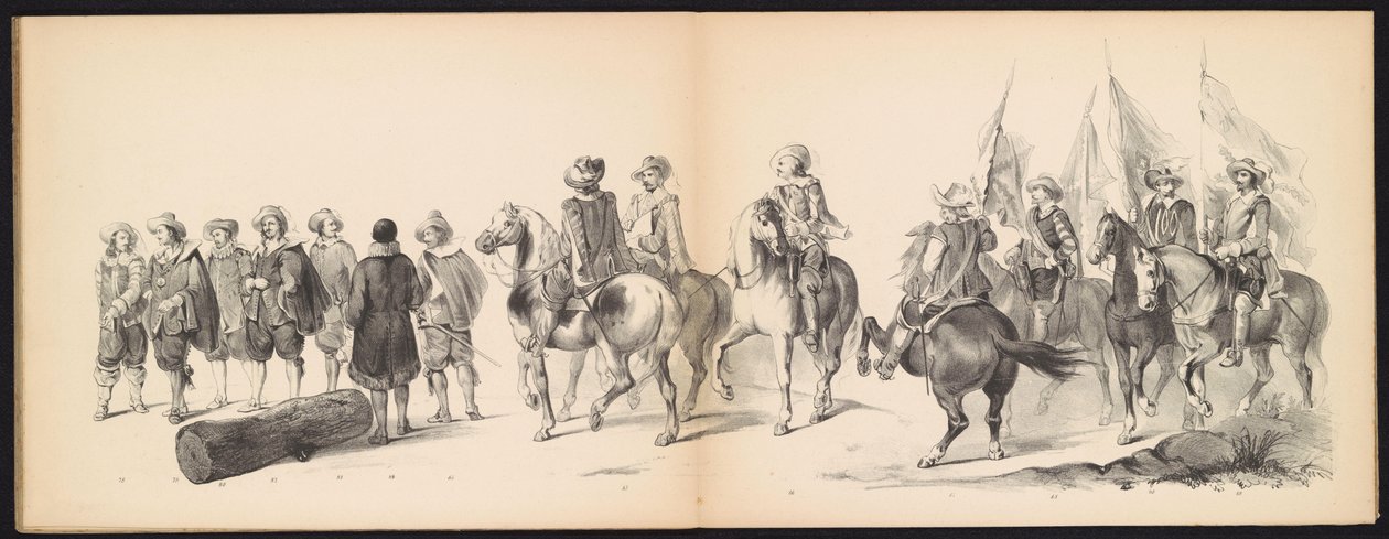 莱顿学生的化妆舞会，1850 年（图版 9）
1629 年弗雷德里克-亨德利克在赫托亨博斯的室内化妆舞会：1850 年 6 月 11 日莱顿学院 H.H. 学生的化装表演（实物上的系列标题） 作者 卡雷尔·克里斯蒂安·安东尼·拉斯特