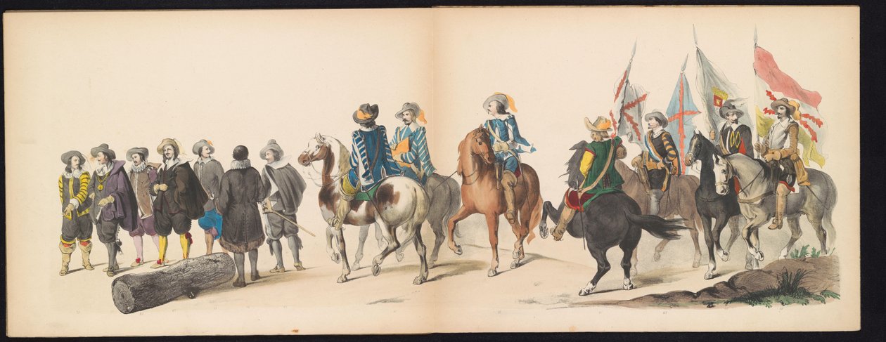 莱顿学生的化妆舞会，1850 年（图版 9）
1629 年弗雷德里克-亨德利克在赫托亨博斯的室内化妆舞会：1850 年 6 月 11 日莱顿学院 H.H. 学生的化装表演（实物上的系列标题） 作者 卡雷尔·克里斯蒂安·安东尼·拉斯特
