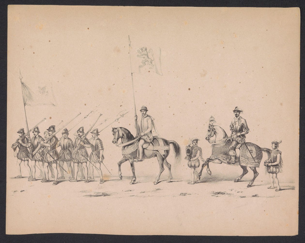 乌特勒支学生的化妆舞会，1846 年（图版 2）
1846 年 6 月 17 日，乌特勒支学生殿下举行的化装舞会的插图，表现的是 1549 年 10 月 3 日西班牙王子菲利浦二世在乌特勒支的巡游。 作者 卡雷尔·克里斯蒂安·安东尼·拉斯特