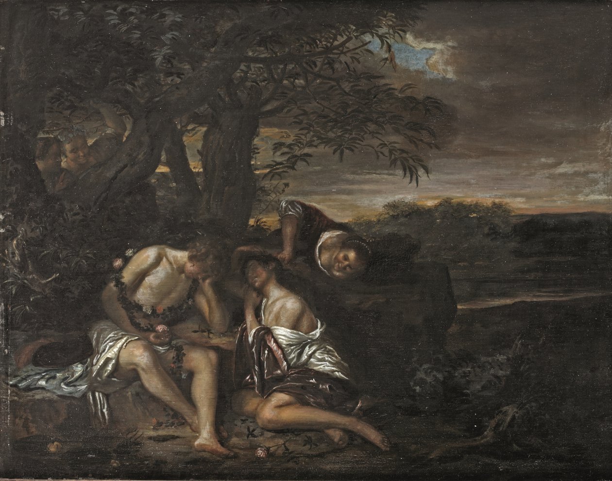 一对熟睡的夫妇，在阿卡迪亚风光中被三个女人发现（油画板） 作者 Carel De Moor II（作者）