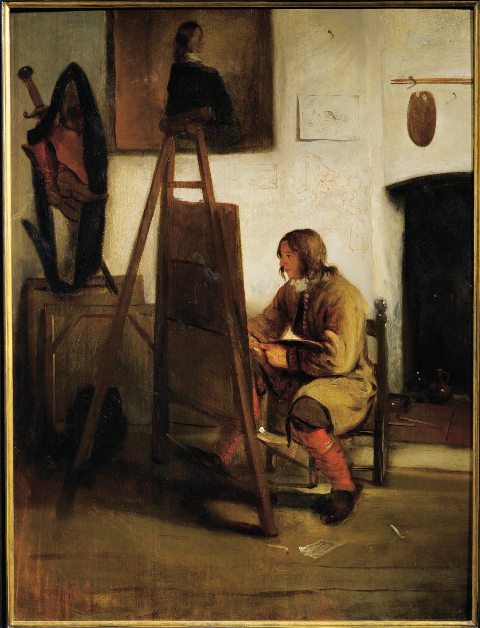 画室中的年轻画家（在画布上作画） 作者 卡雷尔·法布里修斯（Carel Fabritius）