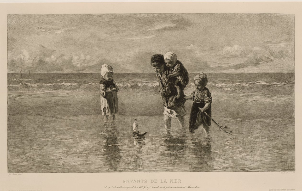 四个孩子在浅海沙滩上玩玩具船
大海的孩子
Enfants de la mer（标题见实物） 作者 卡雷尔·洛德维克·达克