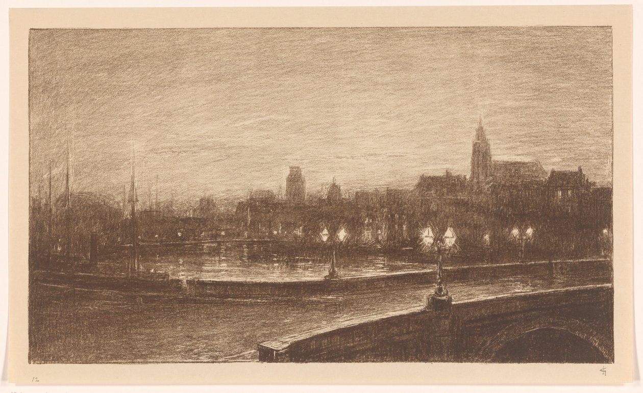 夜幕下的鹿特丹大桥 作者 Carel Nicolaas Storm van 的 Gravesande （有艺术家签名）