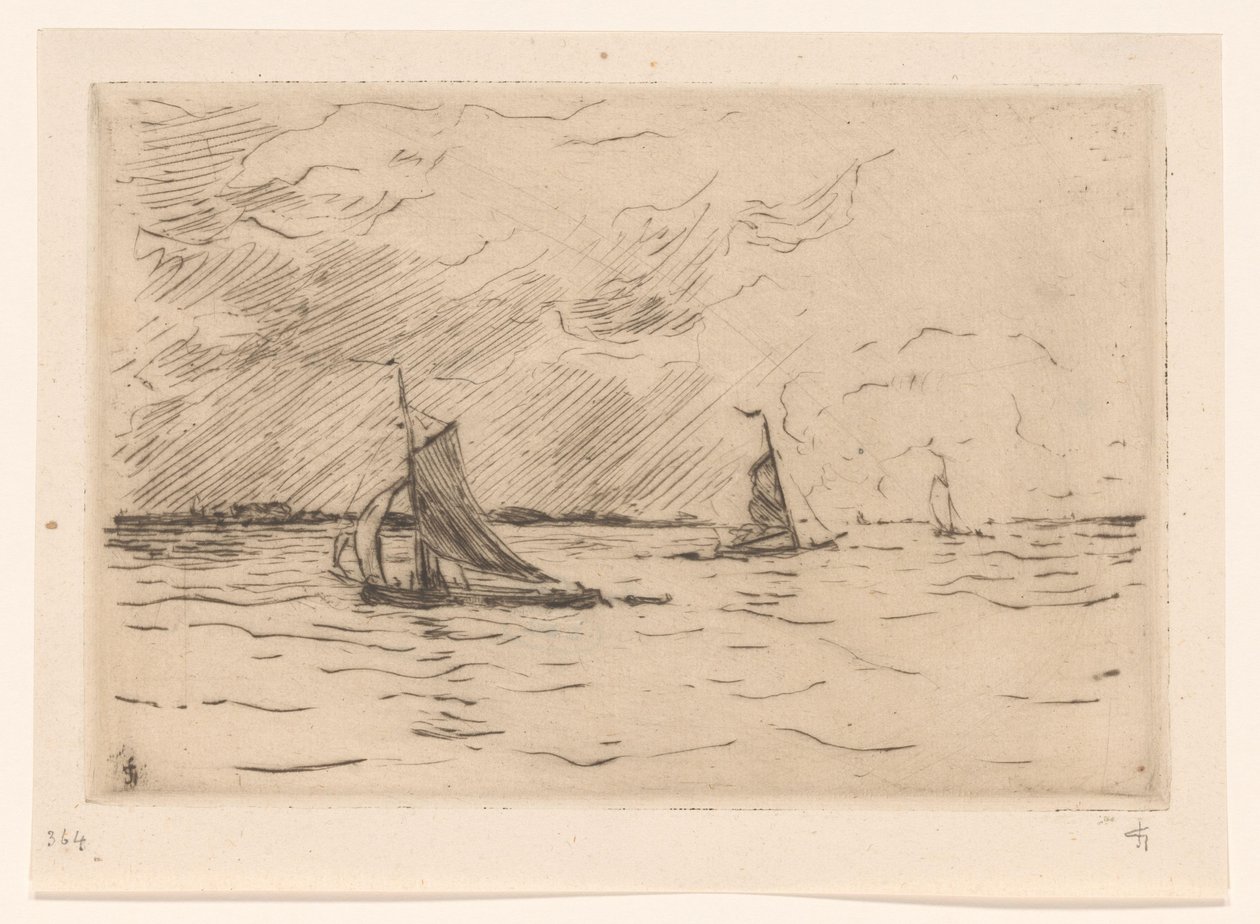 马斯河上的三艘帆船 作者 Carel Nicolaas Storm van 的 Gravesande （有艺术家签名）