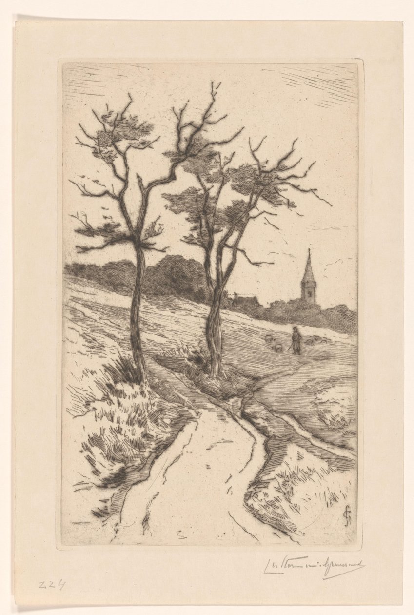 带卡特维克教堂塔楼的沙丘景观 作者 Carel Nicolaas Storm van 的 Gravesande （有艺术家签名）