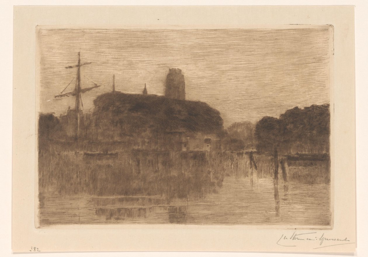 多德雷赫特 Nieuwe Haven 的夜景 作者 Carel Nicolaas Storm van 的 Gravesande （有艺术家签名）