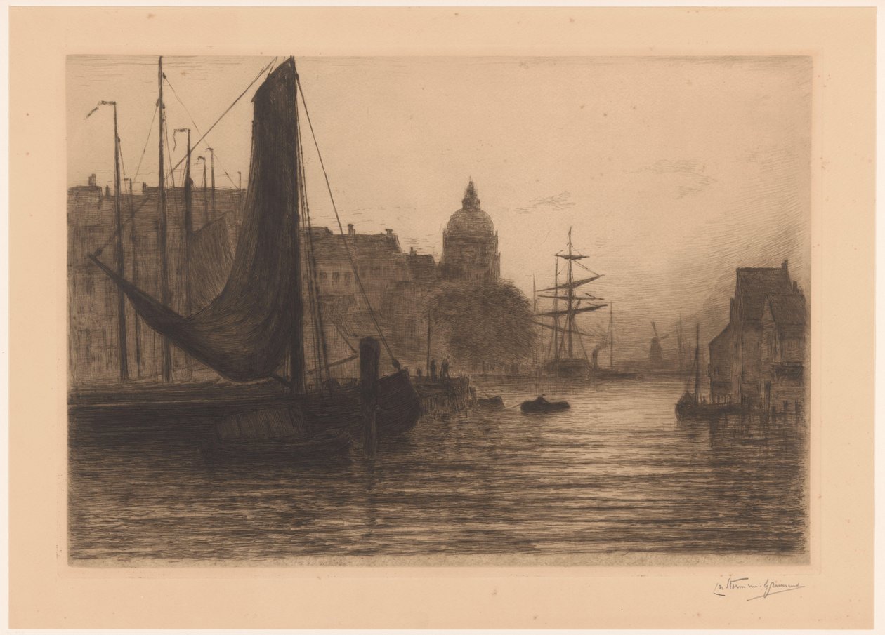 晚上在多德雷赫特港口 Port a Dordrecht，晚报（原标题） 作者 Carel Nicolaas Storm van 的 Gravesande （有艺术家签名）