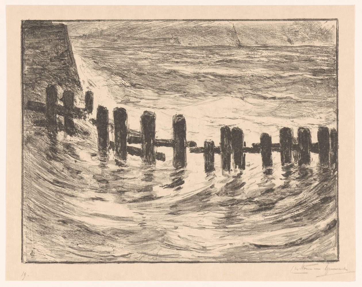 在法拉盛附近的斯海尔德河打桩 作者 Carel Nicolaas Storm van 的 Gravesande （有艺术家签名）