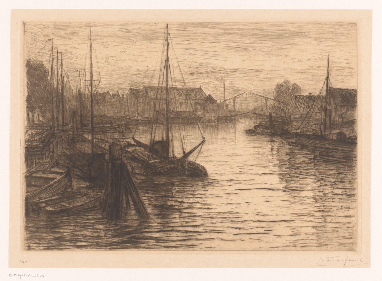 晚上在多德雷赫特 Riedijkshaven 多德雷赫特、Riedijkshaven、le soir（原标题） 作者 Carel Nicolaas Storm van 的 Gravesande （有艺术家签名）