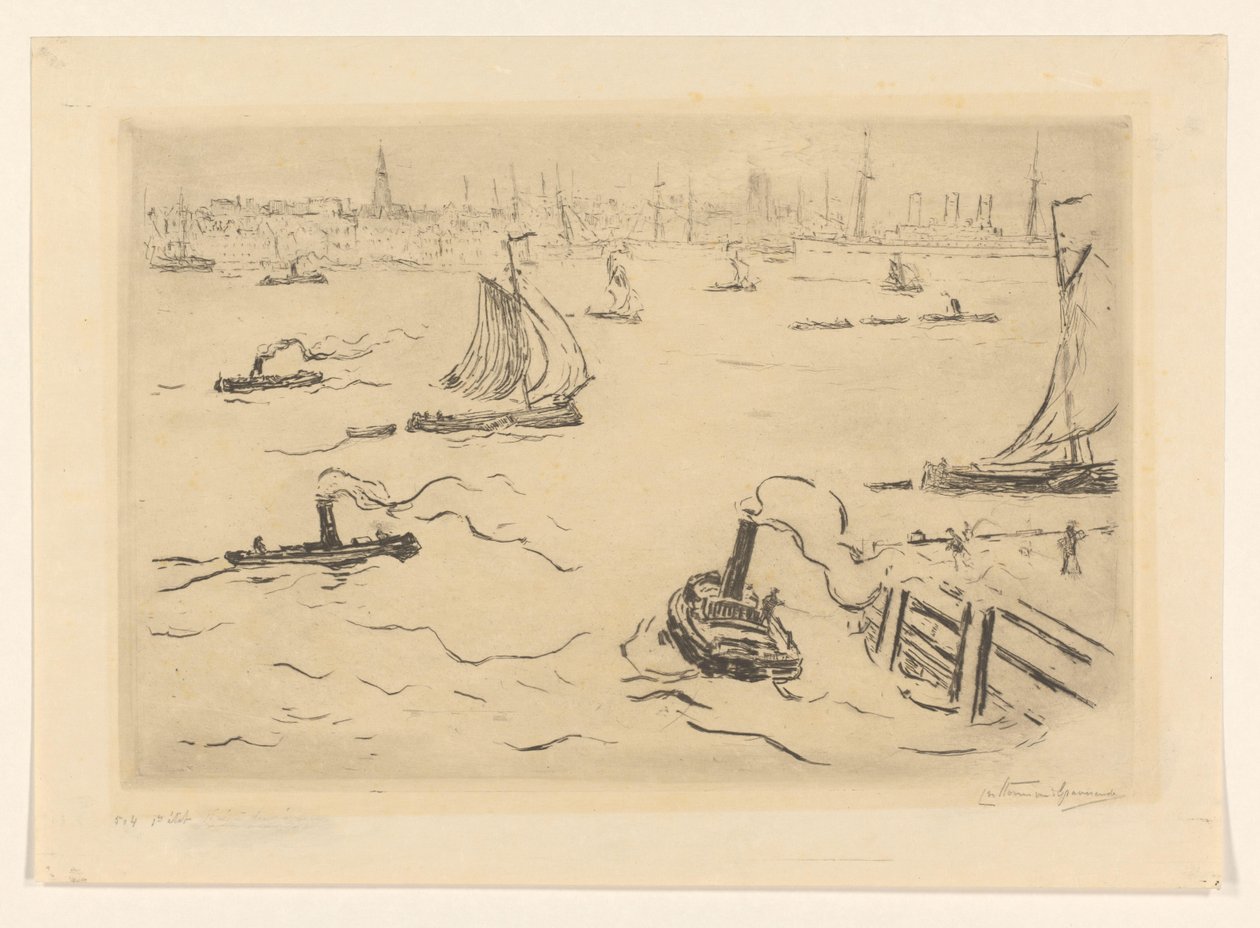 城市附近有船只的河流 作者 Carel Nicolaas Storm van 的 Gravesande （有艺术家签名）