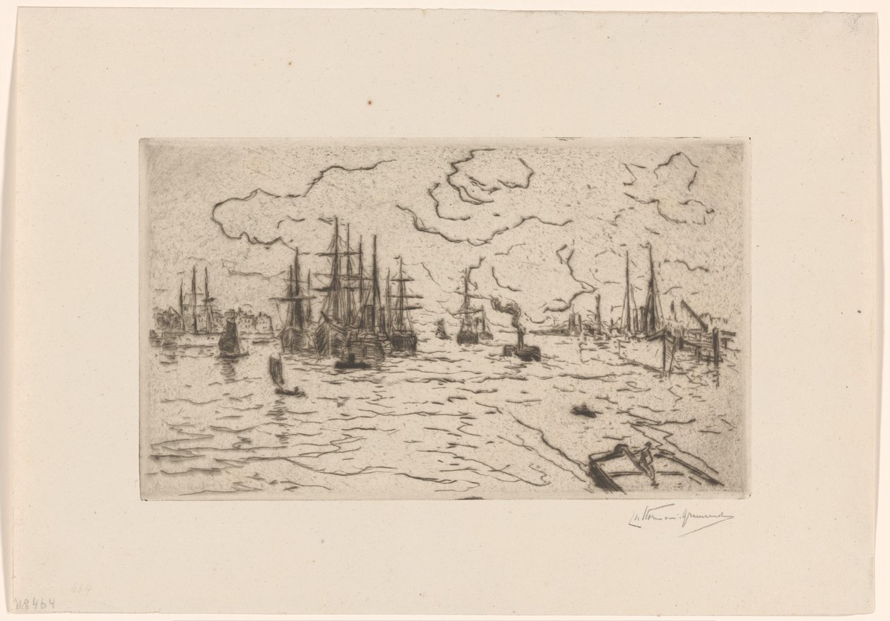 马斯河上的船只 作者 Carel Nicolaas Storm van 的 Gravesande （有艺术家签名）