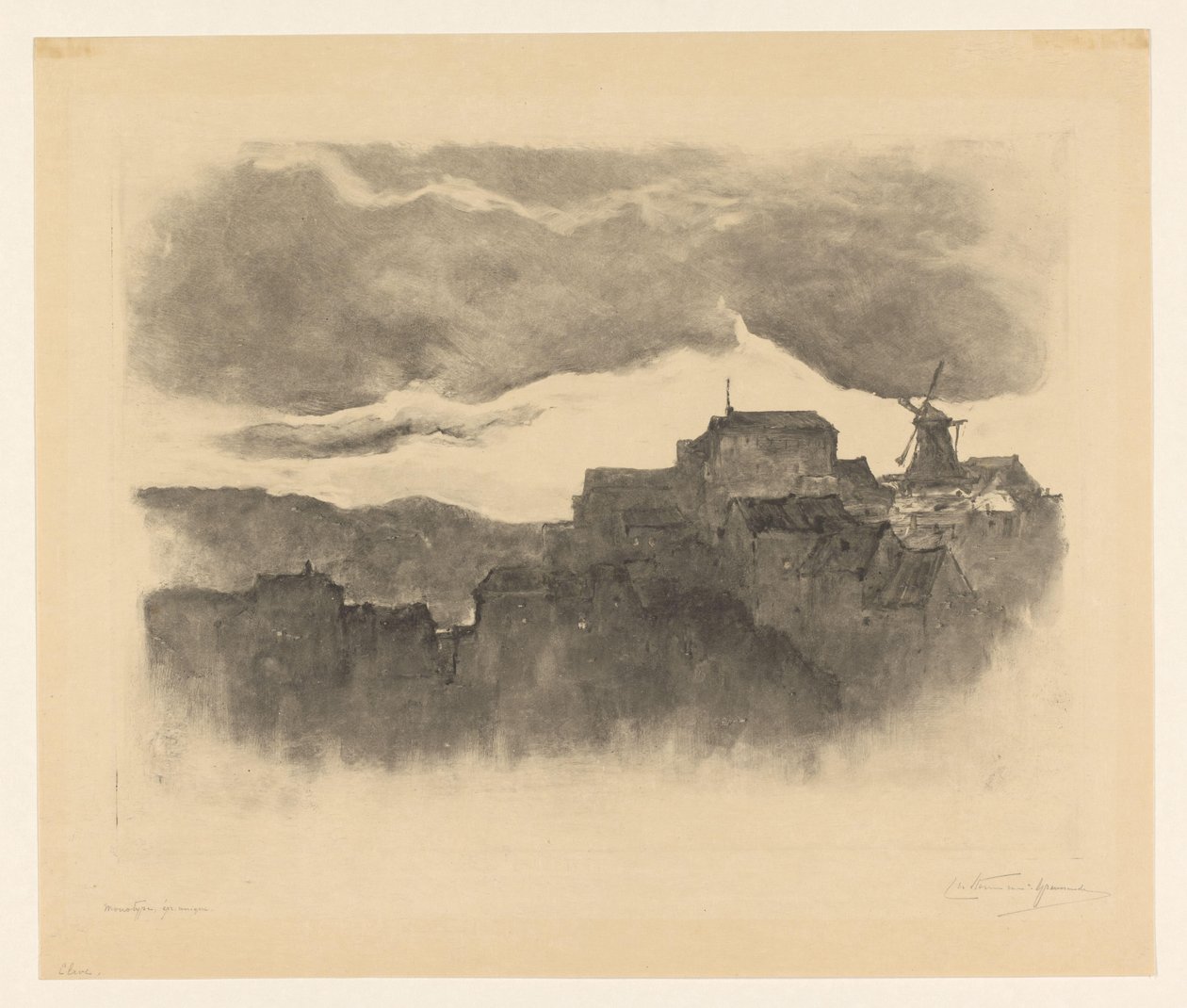 山上有磨坊的小镇 作者 Carel Nicolaas Storm van 的 Gravesande （有艺术家签名）