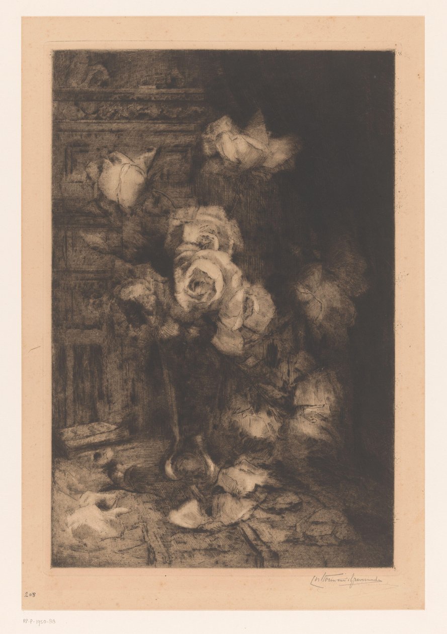 桌上有玫瑰花的花瓶 芙蓉（原名） 作者 Carel Nicolaas Storm van 的 Gravesande （有艺术家签名）