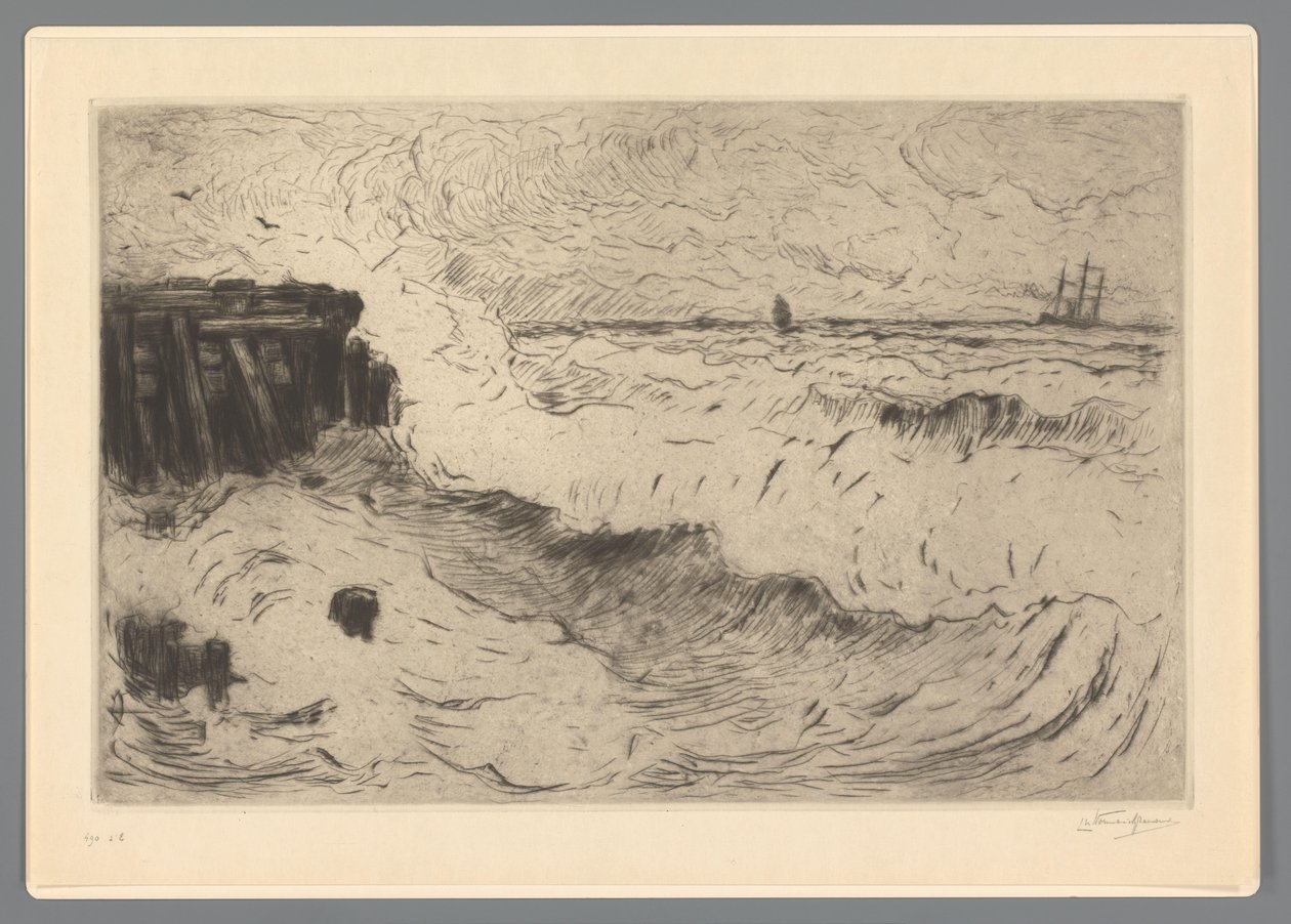 狂野的大海与一艘帆船在码头 作者 Carel Nicolaas Storm van 的 Gravesande （有艺术家签名）