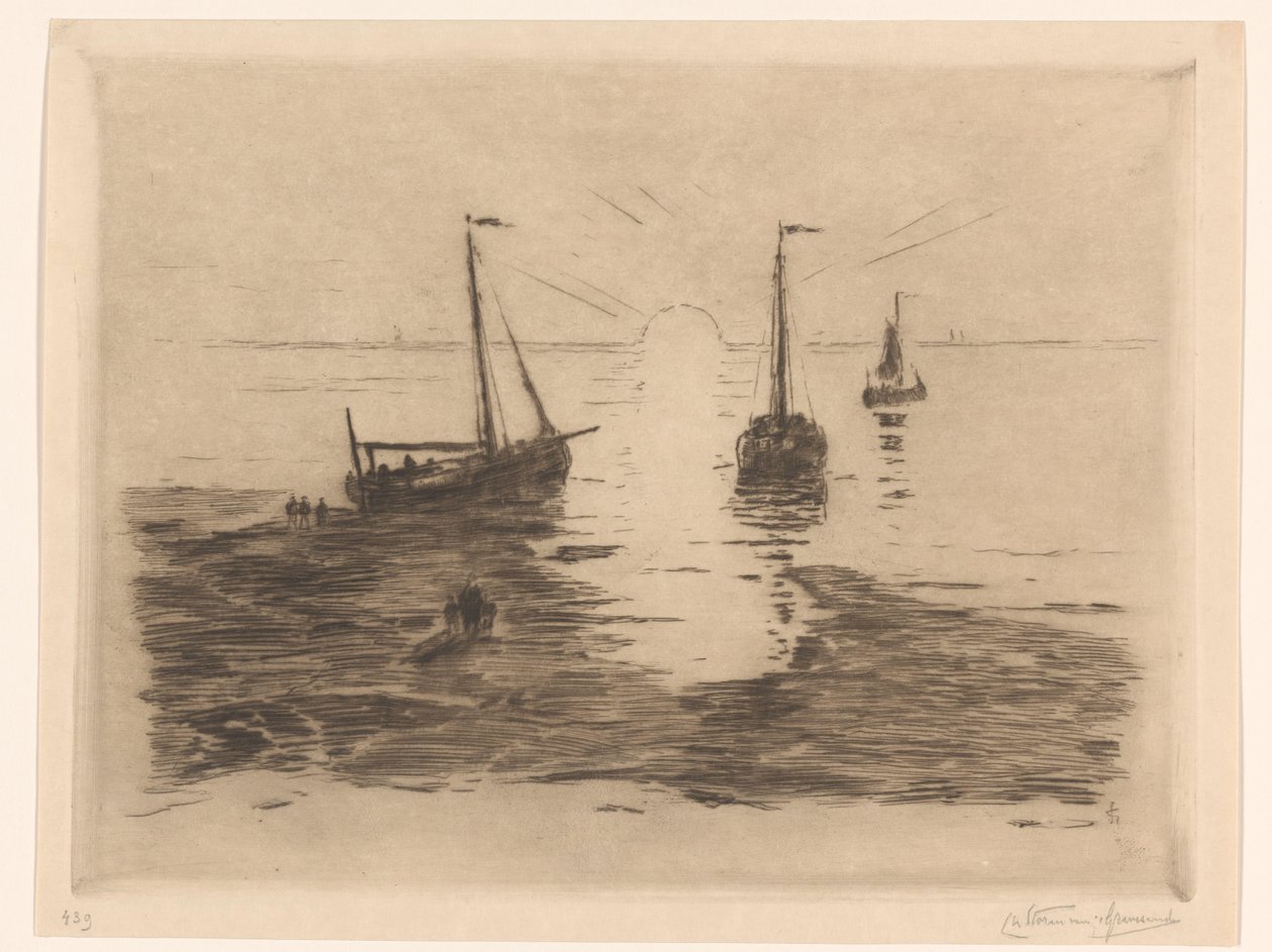 有帆船和夕阳的海景
夕阳 作者 Carel Nicolaas Storm van 的 Gravesande （有艺术家签名）