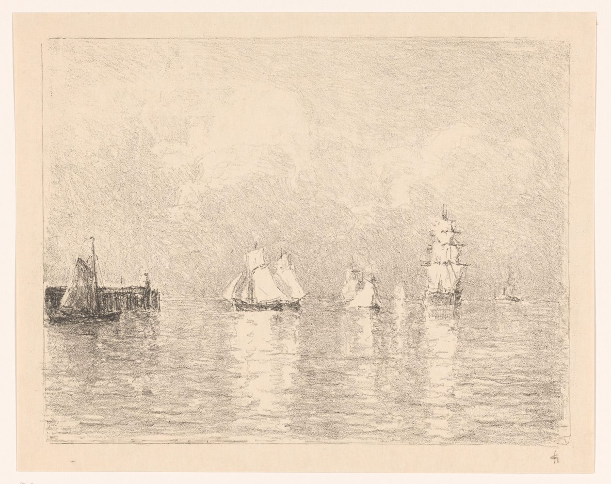库克斯港码头的帆船 作者 Carel Nicolaas Storm van 的 Gravesande （有艺术家签名）